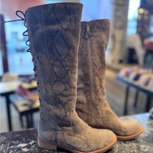 Sofft Tall Snake-Print Suede Riding Boots - Taupe